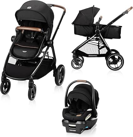 Maxi-Cosi New Generation Zelia Luxe 5-in-1 Modular Travel System, Carriage Mode, Reversible Toddler Seat, Mico Infant Car Seat (included), Enhanced All-Terrain Wheels, Use from Birth – Bassalt Black
