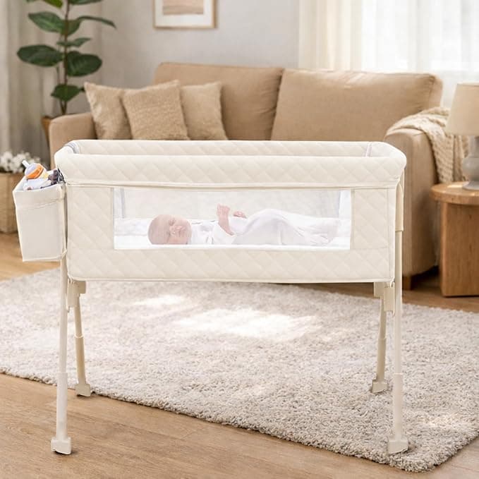 Baby Crib for Newborn, 4-in-1 Baby Bassinet Bedside Sleeper with Mesh & Mattress, Easy Move Crib for Newborns with Lockable Wheels & Storage Basket, 4-Adjustable Height(White)