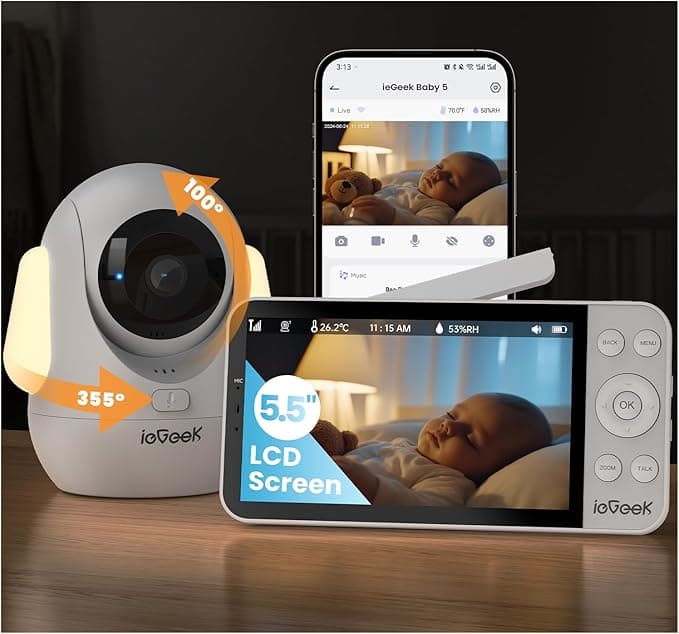 ieGeek 2.5K Baby Monitor with RGB Light,4000mah Battery, 5.5" Wireless Display,Upgrade AI Face Cover/Prone Sleep Detection,2.4G/5G WiFi Moniteur Bébé, 360° PTZ,Temp&Humidity,Smart Baby Camera（1pcs）