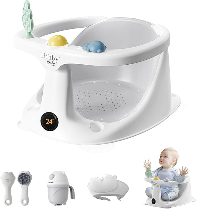 Baby Bath Seat | Canadian Brand | Integrated Thermometer, Silicone Hair Brush, Rinse Cup, Bath Cap, Toys | Sit-up Safe Bathing | Gray