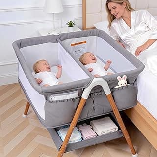 Twin Bassinet for 2 Babies- Double Baby Bassinet Bedside Sleeper with Breathable Mesh, Portable Bedside Crib for Twins with Storage Basket & Travel Bag, for 0-6 Months