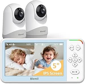 Blemil 5" Split Screen Video Baby Monitor with 2 Cameras and Audio, 4000mAh Battery, No WiFi, No APP, Remote Pan/Tilt/Zoom Camera, 2-Way Talk, Night Vision, 1000ft Range, Temperature