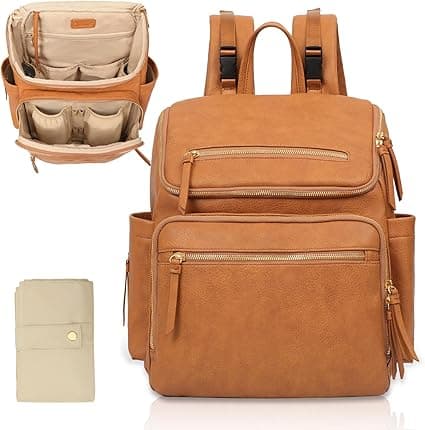 Omanmoli Diaper Bag Backpack Baby Diaper Bag Leather with 17 Diaper Bag Organizing Pouches,Changing Pad,Stroller Straps,4 Insulated Pockets,Honey