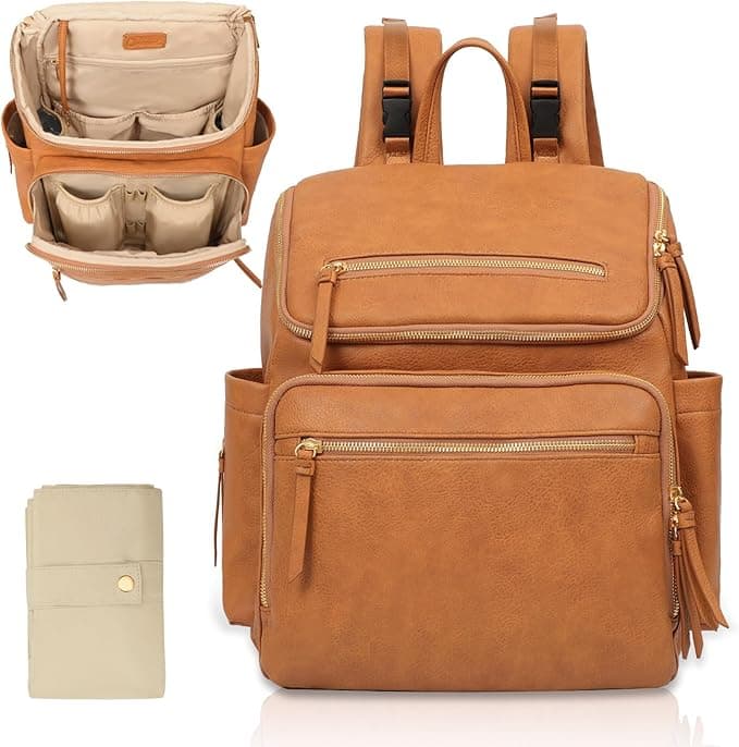 Omanmoli Diaper Bag Backpack Baby Diaper Bag Leather with 17 Diaper Bag Organizing Pouches,Changing Pad,Stroller Straps,4 Insulated Pockets,Honey