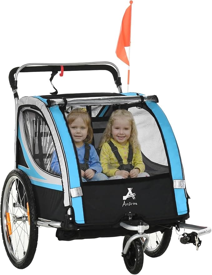 Aosom 2 Seat Bike Trailer for Kids 2-in-1 Double Baby Stroller with Handbrake, Rubber Wheels, 5 Point Harness, Waterproof Cover, Storage Bag, Reflectors