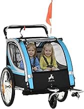 Aosom 2 Seat Bike Trailer for Kids 2-in-1 Double Baby Stroller with Handbrake, Rubber Wheels, 5 Point Harness, Waterproof Cover, Storage Bag, Reflectors
