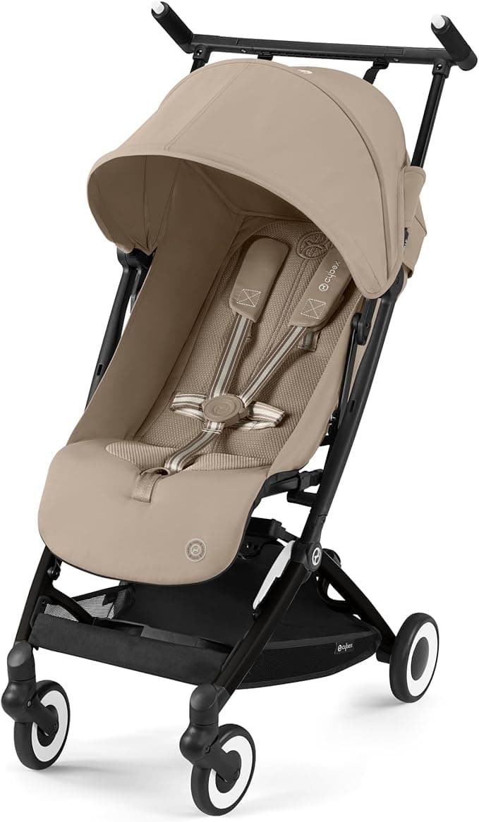 CYBEX Libelle Travel Stroller - Carry-On Compliant, Ultra-Compact & Lightweight (13.7 lbs), Easy & Compact Fold, One-Pull Harness, Adjustable Recline, Travel System Ready – Almond Beige/Black Frame