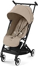 CYBEX Libelle Travel Stroller - Carry-On Compliant, Ultra-Compact & Lightweight (13.7 lbs), Easy & Compact Fold, One-Pull Harness, Adjustable Recline, Travel System Ready – Almond Beige/Black Frame