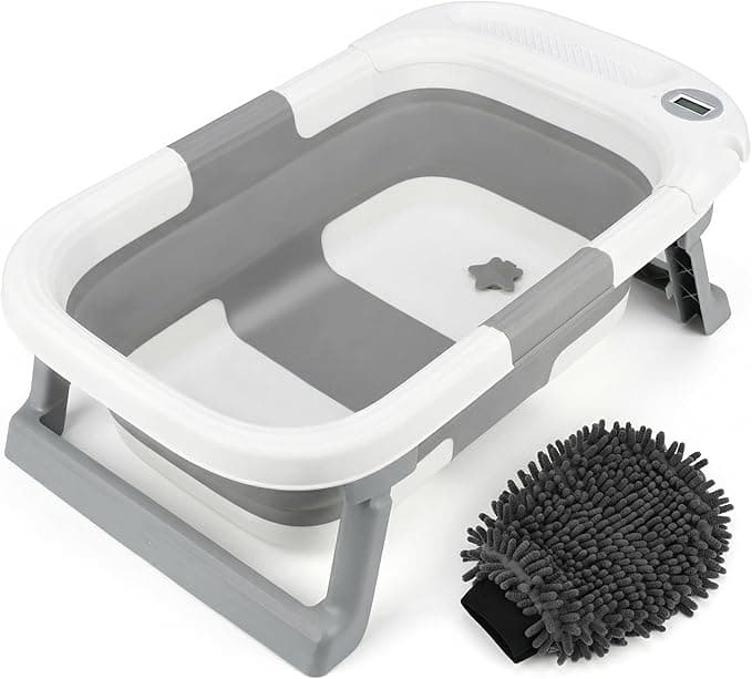 Portable Foldable Dog Bath Tub with Support Frame & Temperature Display, Collapsible Pet Bathtub for Small Dogs and Cats, Includes Drain Plug & Grooming Glove