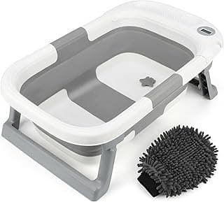 Portable Foldable Dog Bath Tub with Support Frame & Temperature Display, Collapsible Pet Bathtub for Small Dogs and Cats, Includes Drain Plug & Grooming Glove