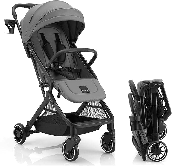 Gromast Compact Fold Baby Stroller, Lightweight Travel Toddler Stroller with One-Click Fold, Extendable UPF50+ Canopy, Cup Holder, UV Protected and Waterproof, One-Hand Folding - Gray