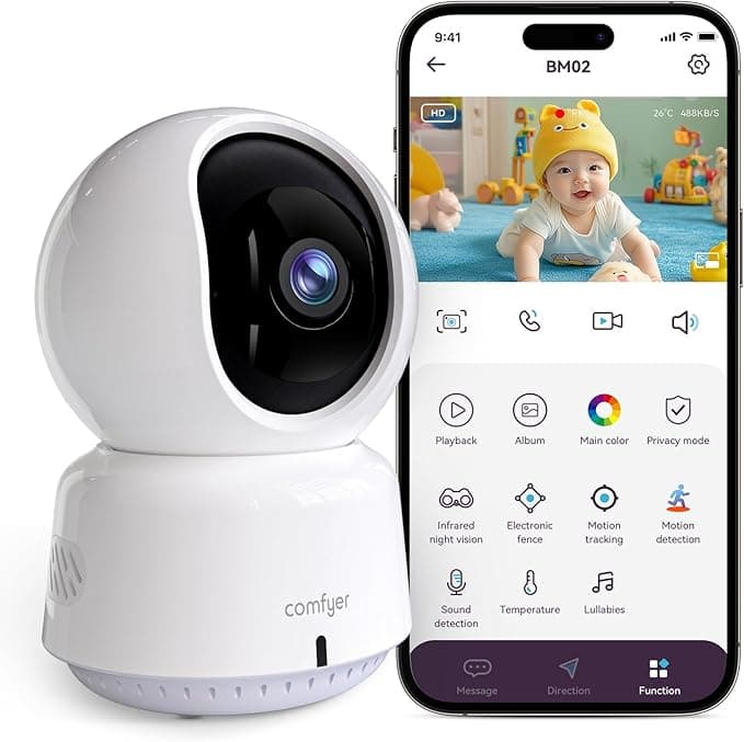 comfyer BM02 Baby/Pet Monitor for Indoor Security, Monitoring with Smart Phone app, 2K QHD Resolution, Auto Tracking/Motion Dection, 2-Way Audio Talk, Night Vision, Pan-Tilt Camera