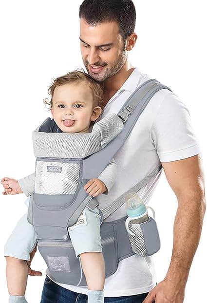 Baby Carrier Ergonomic Infant Carrier with Hip Seat Kangaroo Bag Soft Baby Carrier Newborn to Toddler 7-66lbs Front and Back Baby Holder Carrier for Men Dad Mom (Grey)