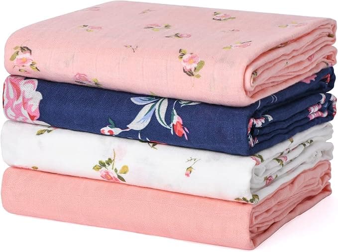 Momcozy Muslin Swaddle Blanket Baby Girl Newborn, 4 Pack Large Wrap Swaddle Blankets Soft Silky Breathable (70% Bamboo + 30% Cotton), Receiving Blanket, Floral Design