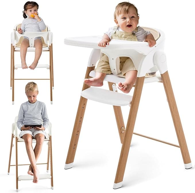 Ihoming 5-in-1 Baby High Chair - Foldable Adjustable Feeding Seat for Toddlers, Portable Highchair with Removable Dishwasher-Safe Tray, High Capacity 240lb Adult Dining Chair Conversion, White