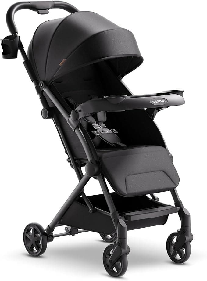 Mompush Lithe V2 Lightweight Stroller + Snack Tray, Ultra-Compact Fold & Airplane Ready Travel Stroller, Near Flat Recline Seat, Cup Holder, Raincover & Travelbag Included