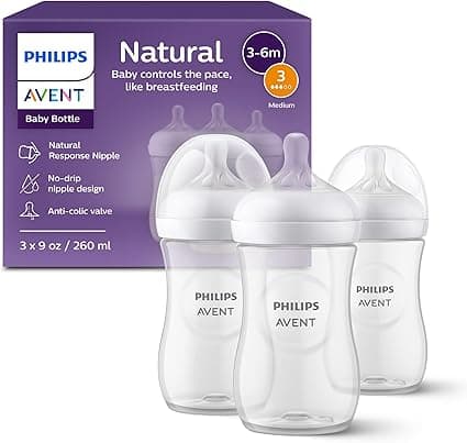Philips Avent Natural Baby Bottles with Natural Response Nipples (Medium Flow, Flow 3), 9oz, 3-pack, SCY903/03