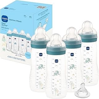 MAM Easy Active Baby Bottle 4 Pack, 11oz, BPA Free, Fast Flow Silicone Nipple, Anti-Slip Grip, Leak-Proof, 4+ Months, Blue Teal
