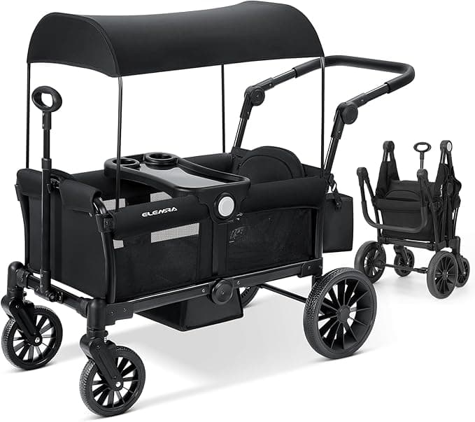 ELEMARA Foldable Stroller Wagon for 2 Kids, Premium All Terrain Wagon for Kids, Cart w/Removable Canopy, Adjustable Push/Pull Handle, Harnesses, Large Storage Bag, Black