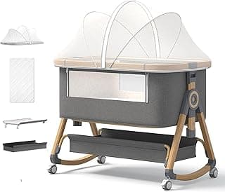 Baby Bassinet, 4 in 1 Bedside Cribs with 4D Air Fiber Mattress & Mosquito Net, Waterproof Mattress Bedside Sleeper Baby Cot with Height Adjustment & Storage Basket, Light Grey