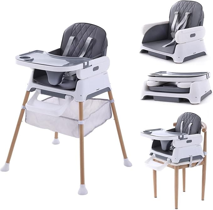 3 in 1 Baby High Chair & Booster Seat, Adjustable Compact Infant Feeding Chairs for Babies and Toddlers, Convertible High Chair with Secure Harness (Dark Gray)