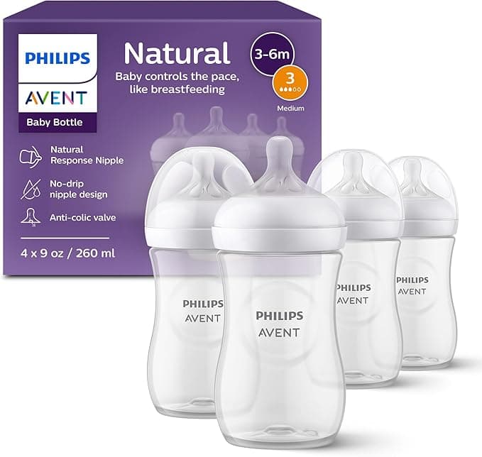 Philips Avent Natural Baby Bottles with Natural Response Nipples (Medium Flow, Flow 3), 9oz, 4-pack, SCY903/04