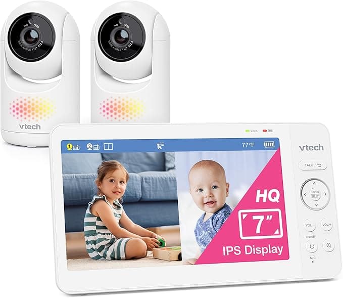 VTech Advanced HQ Max Twin 2 Camera 7” Digital Video Baby Monitor with Pan-Tilt-Zoom, Night Light, Long Range, 2-Way Talk, Display, and Lullabies, No WiFi, White