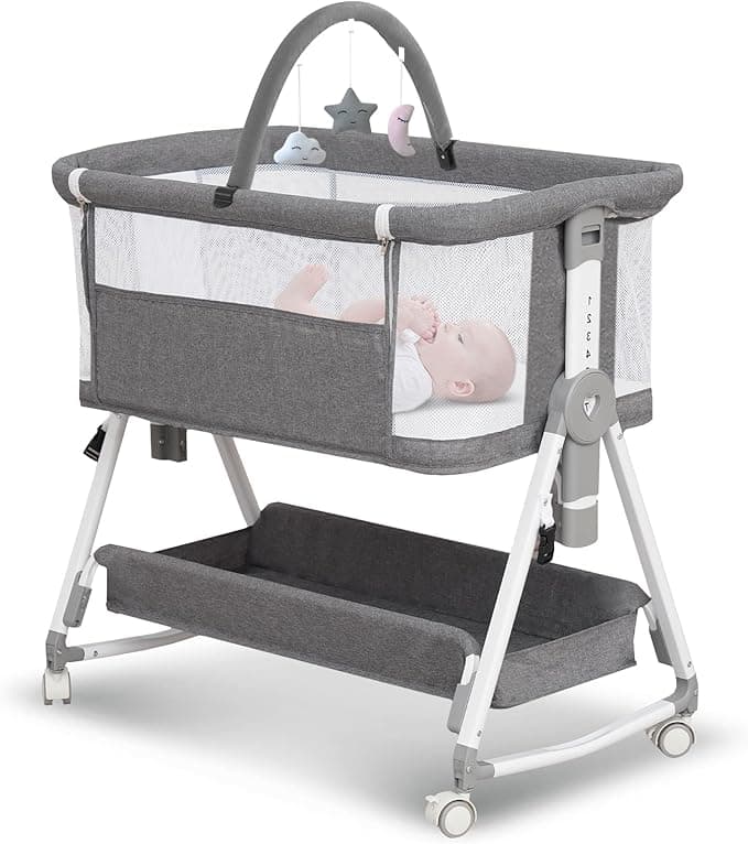 Baby Bassinet, 3 in 1 Bedside Bassinet for Baby with Hanging Toys, Portable Foldable Bedside Sleeper 4-Sided Mesh Bedside Crib with Wheels and Storage Basket, 7 Height Adjustable (Grey)