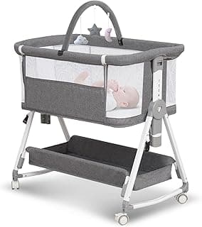 Baby Bassinet, 3 in 1 Bedside Bassinet for Baby with Hanging Toys, Portable Foldable Bedside Sleeper 4-Sided Mesh Bedside Crib with Wheels and Storage Basket, 7 Height Adjustable (Grey)