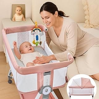 Baby Bassinet Bedside Sleeper, 4-in-1 Baby Bassinet with Wheels, 6-Height Adjustable Crib with Breathable Mesh for Newborns & Infants（Bright Pink）