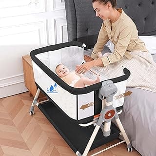 Baby Bassinet, Rocking Bassinet with Waterproof Sheets, 3 in 1 Baby Bedside Sleeper 6 Height Adjustable Bedside Crib for Newborn(Black)