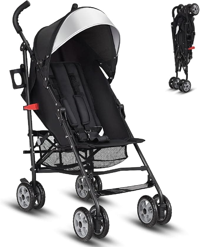 HONEY JOY Baby Lightweight Stroller, Compact Travel Stroller for Airplane, Adjustable Backrest & Canopy, 5-Point Harness, Cup Holder, Storage Basket, Foldable Umbrella Stroller for Toddlers (Black)