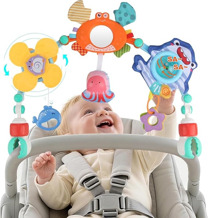 Joyfia Baby Stroller Arch Toy, Newborns Sensory Activity Arch Toy with Teethers, Rattle, Mirror & Windmill, Crib Car Seat Toys for Infants Toddlers 0-12 Months, Developmental Gifts for Boys Girls