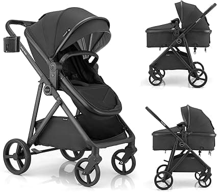 Gromast 3-in-1 Baby Stroller, Convertible Stroller for Newborn Infant Toddler with Reversible Seat, UPF 50+ Canopy & Cup Holder - Black