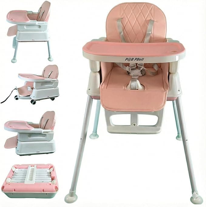 Popup closed 7-in-1 Fully Convertible Baby High Chair – Newborn to Toddler Booster, Foldable & Portable, Easy-Clean Washable Cushion, Removable Tray, 5-Point Safety Harness – Grows with Your Child (Pink)