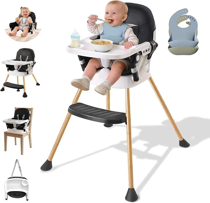 High Chairs for Babies and Toddlers, Portable Baby High Chair with Dual-Layer Adjustable Food Tray & Footrest, Compact Infant Feeding Chair, Toddler Dining High Chair with 5-Point Harness, Easy to Clean, Includes 2 Baby Bibs, Black