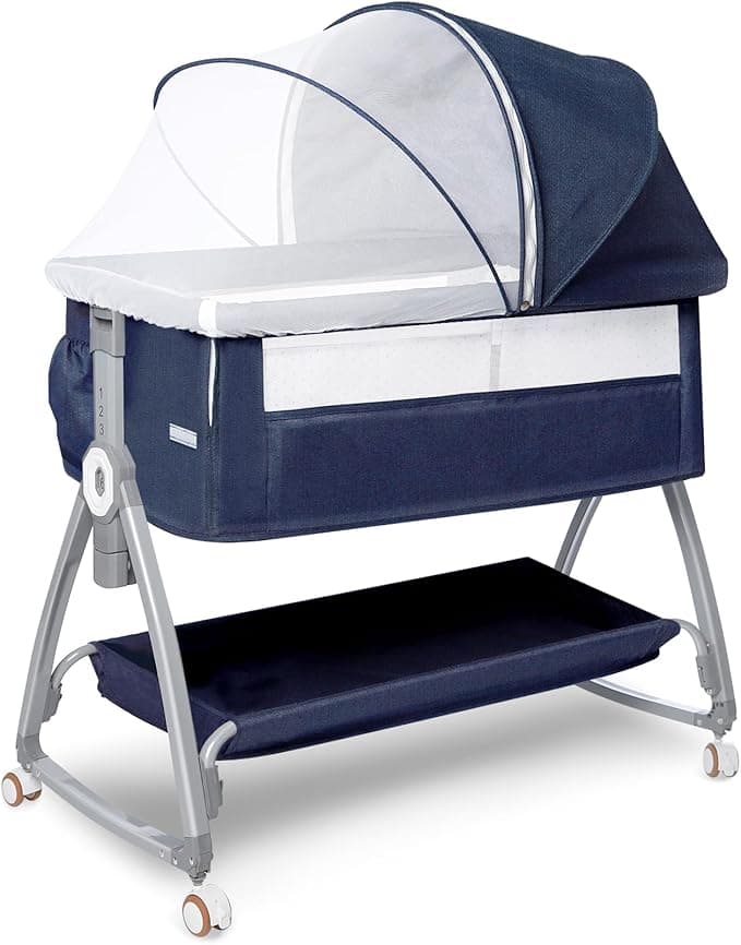 Bassinets Bedside Sleeper for Baby - 3 in 1 Bedside Bassinet with 4 Auto-Lock& 6 Height Adjustable, Portable Bedside Crib for Newborn Infant with Storage Basket, Wheels, Mosquito Netting