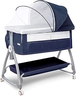 Bassinets Bedside Sleeper for Baby - 3 in 1 Bedside Bassinet with 4 Auto-Lock& 6 Height Adjustable, Portable Bedside Crib for Newborn Infant with Storage Basket, Wheels, Mosquito Netting