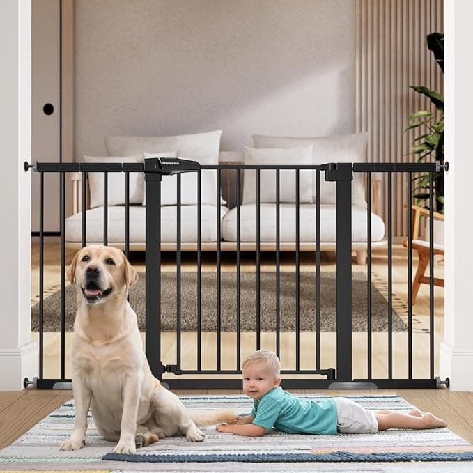 Babelio 29-55 Inch Extra Wide Baby Gate, Metal Dog/Pet Barrier, Pressure Mounted Door for Stairs & Doorways, No Tools and Drilling Needed, Black