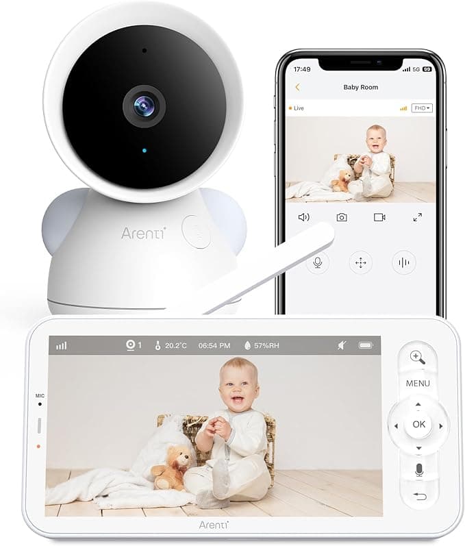 Arenti Baby Monitor, 2K/3MP WiFi 6 Smart Baby Camera with 5-Inch Upgraded Wireless Display, 360° View, Auto-Night Vision, Cry Detection, Auto Tracking, Temperature& Humidity Sensor, 2 Way Audio(D3)
