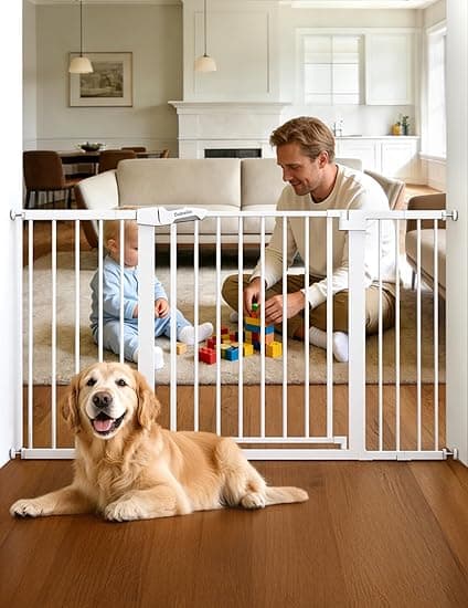 Babelio 29-55 Inch Extra Wide Baby Gate, Metal Dog/Pet Barrier, Pressure Mounted for Stairs & Doorways, NO Tools and Drilling Needed, White