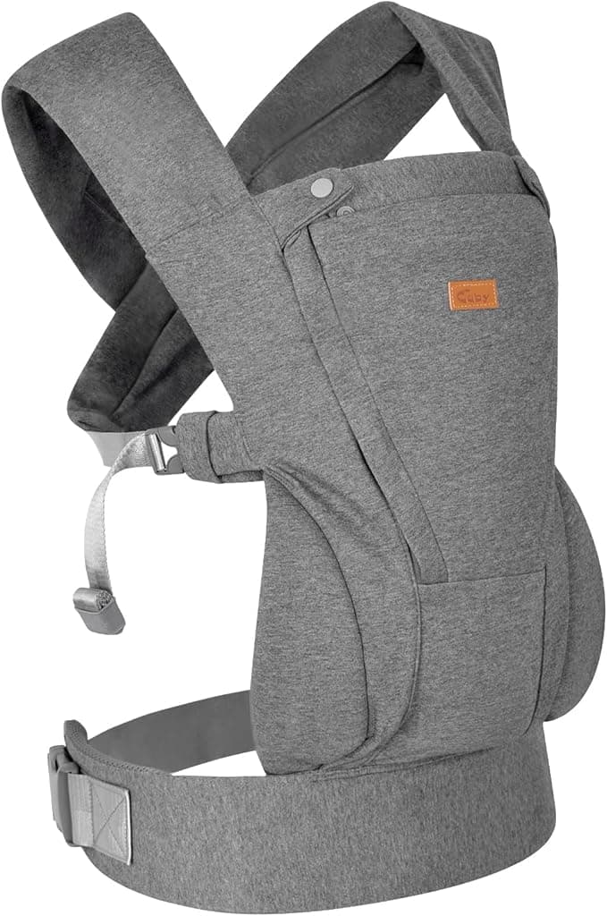 CUBY Ergonomic Soft-Structured Baby Carrier, Knitted Fabric Lightweight and Breathable, Adjustable Kangaroo Newborn Carriers with Lumbar Support, Side Buckles and Sunshade for Infant Toddler (Grey)