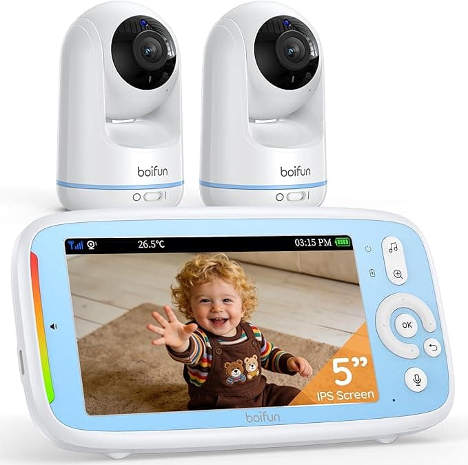 360 View Baby Monitor, No Wi-Fi, Quick Pairing, Boifun 5'' 3X Zoom Display, Rotatable Video Baby Monitor Cameras, IPS 720p Wireless (Moniteur Bébé), VOX