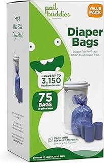 Pail Buddies Diaper Bags, 75 Count, Odor Control with Fresh Powder Scent, Compatible with Ubbi Diaper Pail, Made with Recycled Material, 13 Gallon Capacity, Strong & Durable
