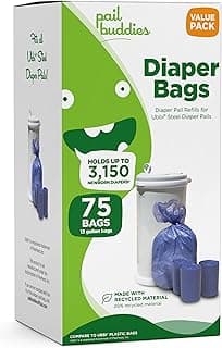 Pail Buddies Diaper Bags, 75 Count, Odor Control with Fresh Powder Scent, Compatible with Ubbi Diaper Pail, Made with Recycled Material, 13 Gallon Capacity, Strong & Durable