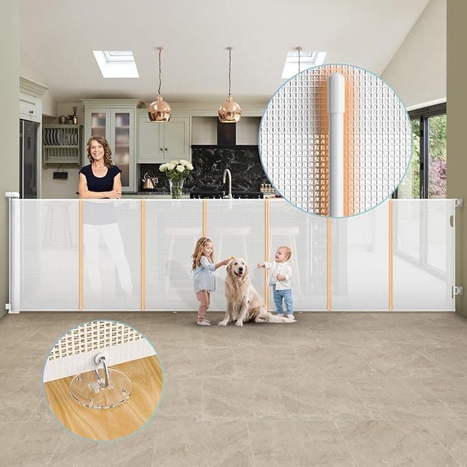 3 Meters Retractable Baby Gate Extra Wide 120'' × 42" Tall White Mesh Dog Child Pet Safety Indoor Outdoor Retractable Gates for Decks, Garages, Patios, Doorways, Stairs with Reinforcement Strips