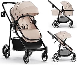 INFANS 2 in 1 Baby Stroller, High Landscape Infant Stroller & Reversible Bassinet Pram, Foldable Pushchair with Adjustable Canopy, Cup Holder, Storage Basket, Suspension Wheels (Khaki)