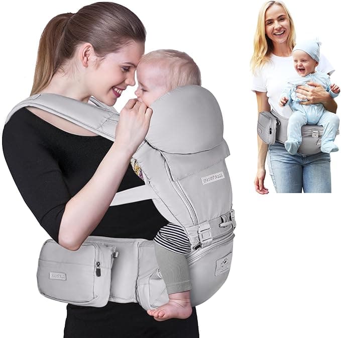 FRUITEAM Baby Carrier with Hip Seat - Ergonomic & Comfortable Baby Carrier with Head Support for Newborn to Toddler, Suitable for Parents of Different Body Types，Grey