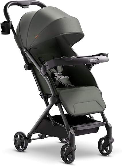 Mompush Lithe V2 Lightweight Stroller + Snack Tray, Ultra-Compact Fold & Airplane Ready Travel Stroller, Near Flat Recline Seat, Cup Holder, Raincover & Travelbag Included