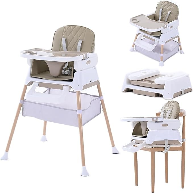3 in 1 Convertible Baby High Chair, Hrusitoo Adjustable Booster Seat and Toddler Feeding Chair, Compact and Easy to Clean Highchair for Babies and Toddlers, Khaki